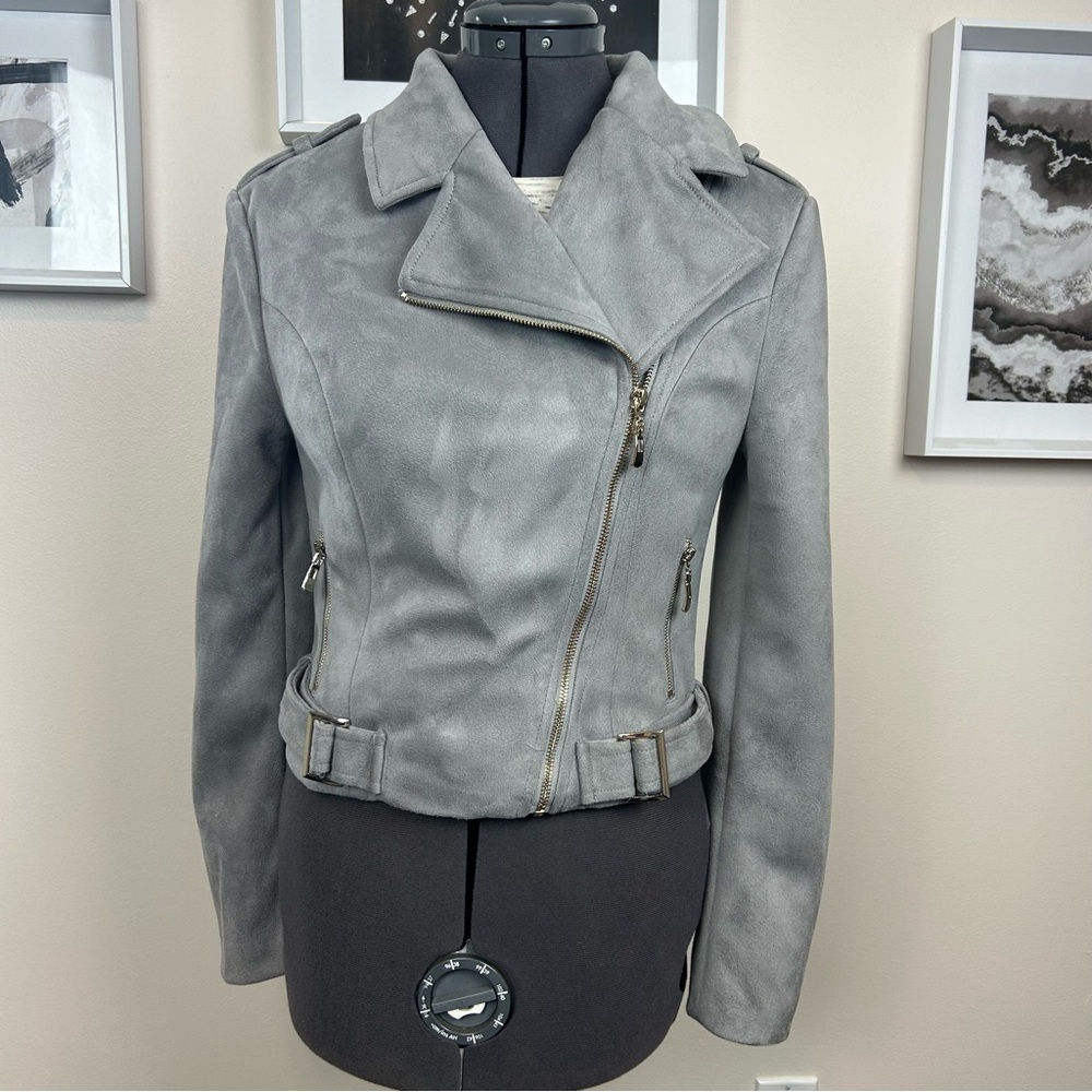 Romeo & Juliet Couture Gray Faux Suede Moto Jacket Cropped Small